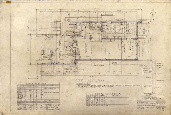 A rendering on tissue paper of the floor plan for the first floor of a house design for Mr. and Mrs. Donald Hayworth.