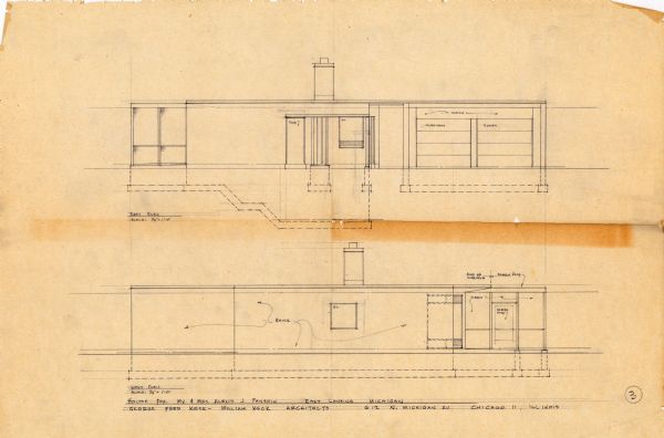 A rendering on tissue paper of a house design for Mr. and Mrs. Alexis J. Panshin.