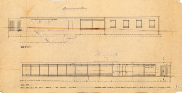A rendering on tissue paper of a house design for Mr. and Mr.s Alexis J. Panshin. This is sheet #2, showing the south elevation.