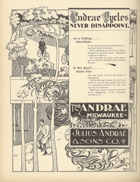 Full page, engraved advertisement for Andrae Cycles. Depicts men and women bicycling on a path in a bucolic setting, in addition to text promoting bicycles for women and soliciting agents to sell Andrae Bicycles.