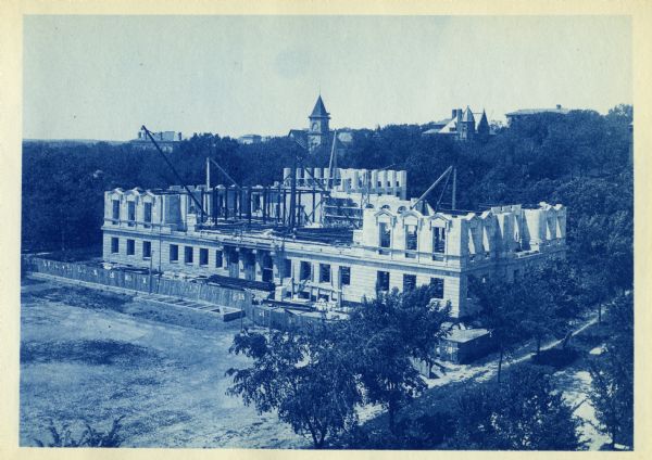 Cyanotype elevated view across Langdon Street from the Red Gym of the Wisconsin Historical Society Headquarters under construction.