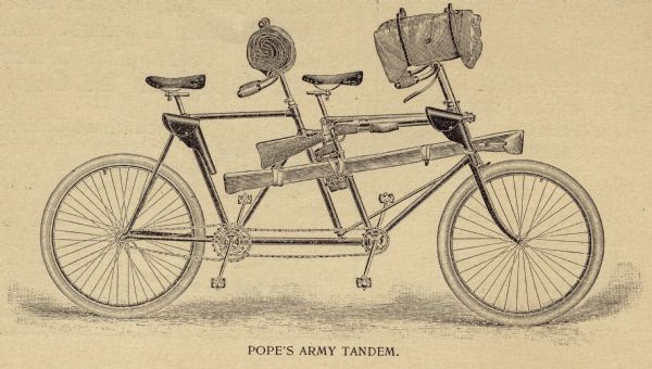 Engraved image of a Pope's Army Tandem bicycle outfitted with skis, two sleep rolls, a rifle, and two hand guns.