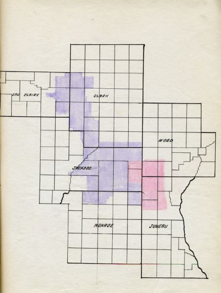 Map of a portion of Central Wisconsin with areas zoned for reforestation. The area is divided into two sites which are shaded in purple and red.