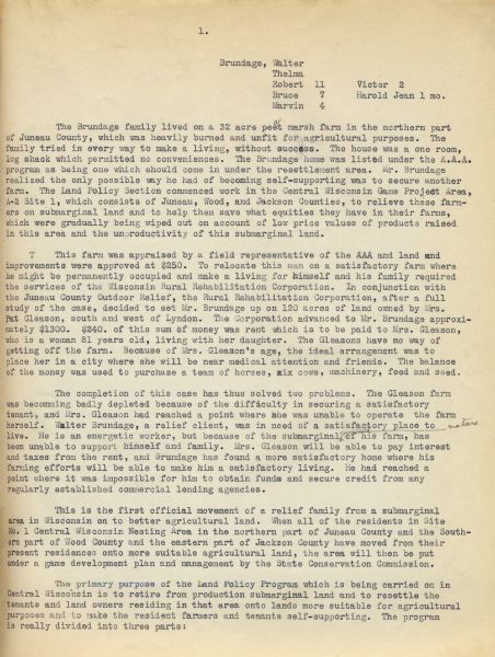 Page 1 of textual description of Brundage family and their resettlement from poor farmland to land better suited to agriculture.