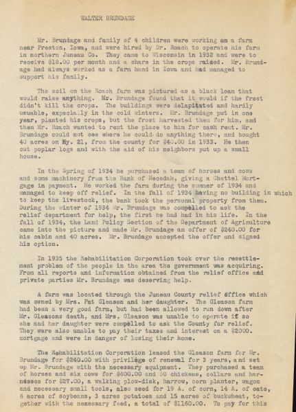 Page 1 of a description of the resettlement of Walter Brundage from poor farmland owned by Dr. Roach to land better suited to agriculture owned by Pat Gleason.