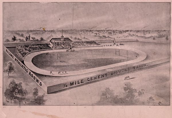 Aerial view drawing of a velodrome with racers on the oval track and stands full of spectators. Signage on the outer wall indicates that it is the Racine Athletic Association's 1/4 Mile Cement Bicycle Track. Three riders on a triplet tandem bicycle are riding outside the wall in the foreground.
