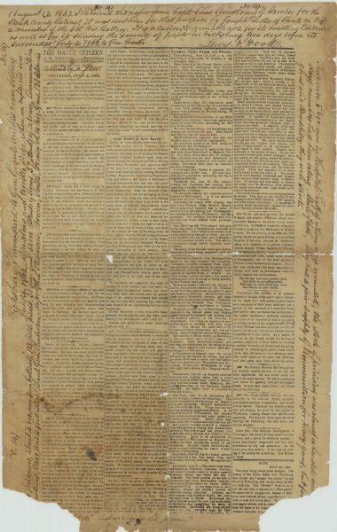 <i>Vicksburg Daily Citizen</i> of July 2, 1864. This copy bears handwritten notes about the surrender of Vicksburg and the acquisition of the paper by Lewis N. Woods.