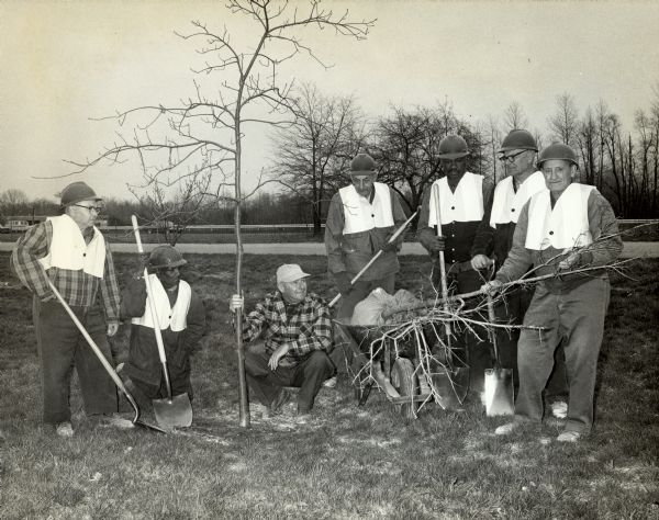 Gaylord Nelson, squatting, and holding a freshly planted tree. He is surrounded by a Burlington County, New Jersey work crew employed in conservation work through the Farmers Union Green Thumb program. The workers all wear vests and hard hats and carry shovels. There is a wheelbarrow with two more trees ready to be planted next to Gaylord Nelson.