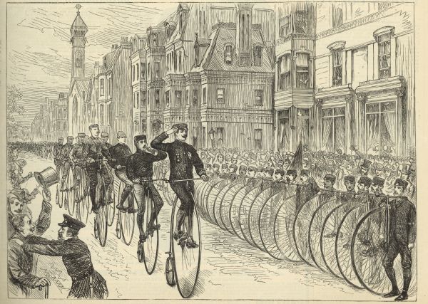 Engraving of a sketch by Joseph Pennell showing a parade of League of American Wheelmen bicyclists along Commonwealth Avenue between Dartmouth Street and West Chester Park. Another line of men stand with their bicycles to the right of the paraders. Large crowds are gathered on both sides of the street. The First Baptist Church is in the far background among a number of other buildings.