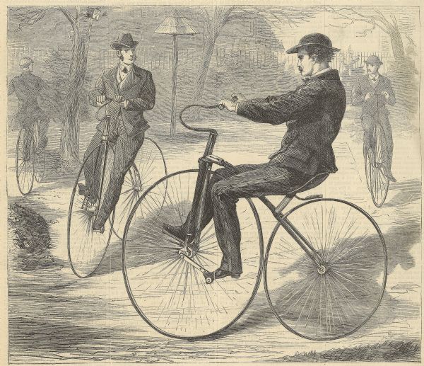 Engraved image from a sketch by Theodore Davis showing four men bicycling.