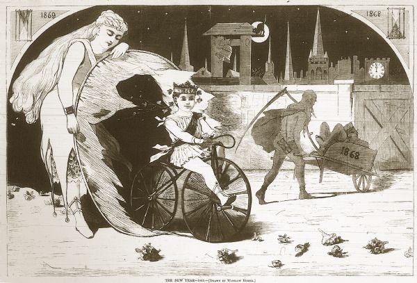 Engraving after a drawing by Winslow Homer showing a crowned Baby New Year riding a velocipede through a hoop held by a woman, as the Grim Reaper, on the right, pushes a wheelbarrow containing the lifeless body of a man representing the year 1868. A city skyline including a ringing bell tower are behind a wall in the background. There is a black cat on the top of the bell tower silhouetted on a full moon. A clock at right shows midnight. There are hourglasses in both upper corners, one labeled 1868 with all of the sand at the bottom and one labeled 1869 with all of the sand at the top. Posies litter the ground in front of the arriving Baby New Year.