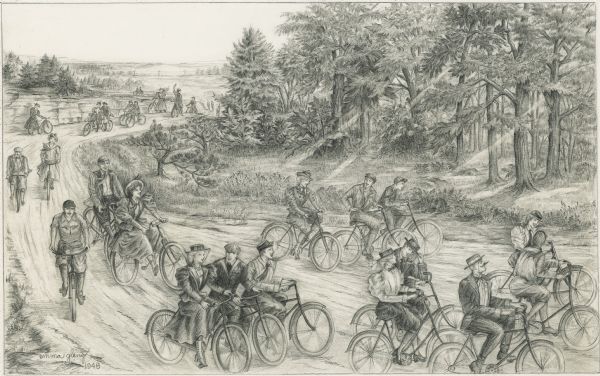 Pencil drawing depicting a group of men and women bicycling on a dirt road in a rural, wooded area, probably in the 1880's. One man and woman are riding a tandem bicycle.  Should we say: Pencil drawing depicting an 1880s era group of men and women bicycling on a dirt road in a rural, wooded area. A man and a woman are riding a tandem bicycle.