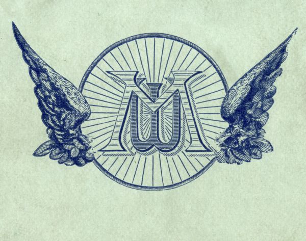 Logo for the Milwaukee Wheelmen bicycling club. Logo consists of the letter M superimposed on the letter W at the center of a spoked wheel with wings on both sides.