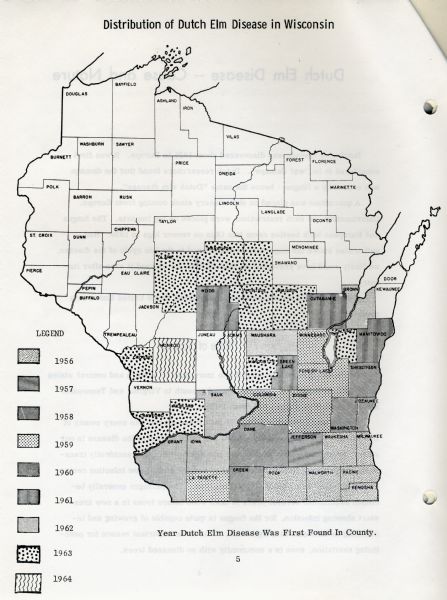 Map of Wisconsin showing counties shaded according to when Dutch Elm Disease was first found in the county.