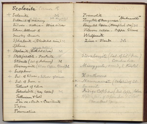 Page from a diary kept by Increase Lapham in California between April 11 and May 19, 1870. The page shows a portion of a list of minerals of California.
