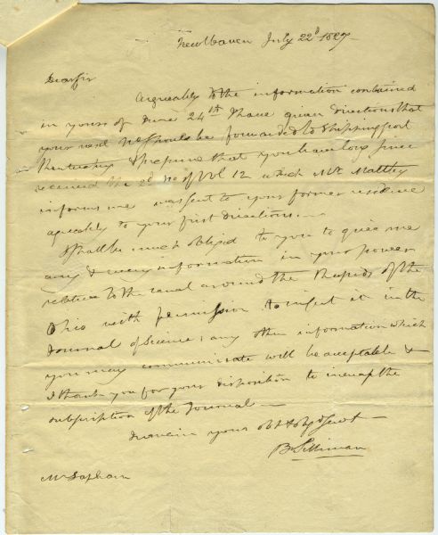 Letter from Benjamin Sillman to Increase Lapham requesting information about the canal around the rapids of the Ohio River for inclusion in <i>The Journal of Science</i>.