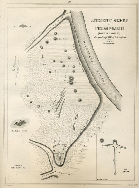 Map showing Indian mounds and graves as well as ground cover types at Township 8, Range 22. There is an inset diagram of an effigy mound labeled "The Cross" and another inset drawing of the Indian graves. The Milwaukee River forms the upper right boundary of Indian Prairie on the map.