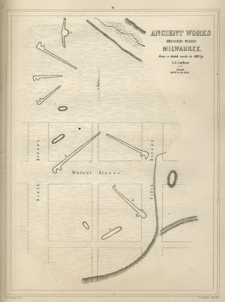 Map showing Indian mounds in Milwaukee's Second Ward from a sketch made by Increase Lapham in 1836. Streets shown on the map include 6th Street, 5th Street, and Walnut Street.