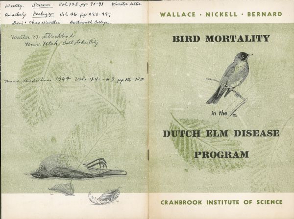 Front and back cover spread of <i>Bird Mortality in the Dutch Elm Disease Program</i>. The front cover has a drawing of a bird on a branch and impressions of leaves. The back cover has a drawing of a dead bird on the ground.