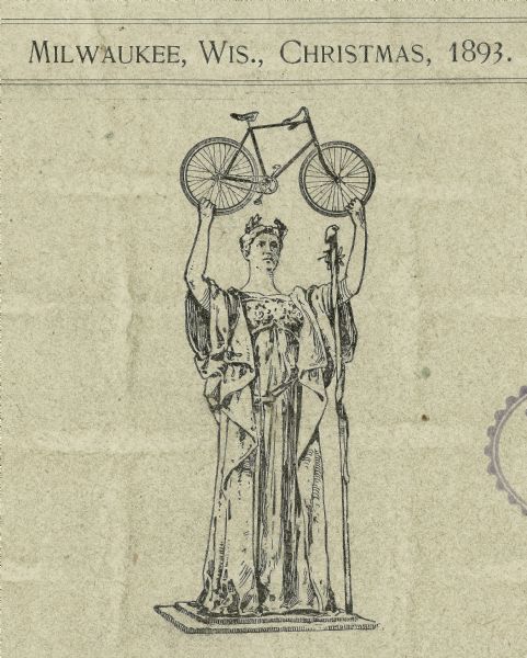 Portion of a Rambler Bicycle advertisement showing a Roman style female statue holding up a bicycle.