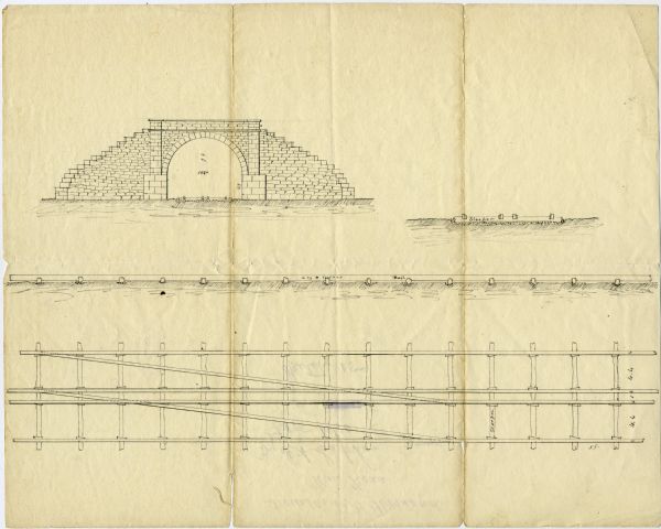 Increase Lapham's drawing of a railroad tunnel and railroad tracks.