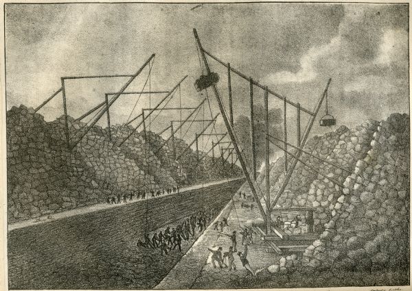 Engraved view of several wooden cranes extracting large stones from a cut during the construction of the Erie Canal. The rig in the foreground is horse-driven. Several workers can be seen inside and along the edges of the cut. Huge piles of stone line both sides of the site.