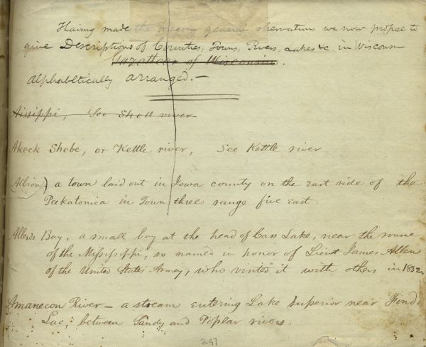 Handwritten first page of Increase Lapham's unpublished gazetteer of Wisconsin.