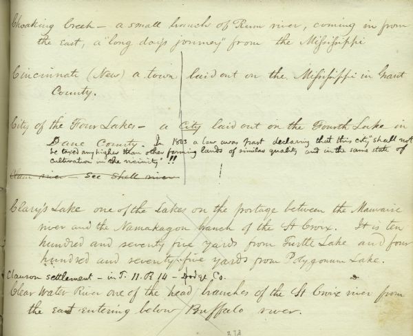 Handwritten page from Increase Lapham's unpublished gazetteer of Wisconsin. The page includes entries for  Choaking Creek, Cincinnati, City of the Four Lakes, Clam River, Clary's Lake, Clausen Settlement, and Clear Water River.