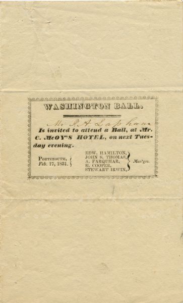 Printed invitation addressed to Mr. I.A. Lapham for a ball at C. McCoy's hotel to be held on February 17, 1831.