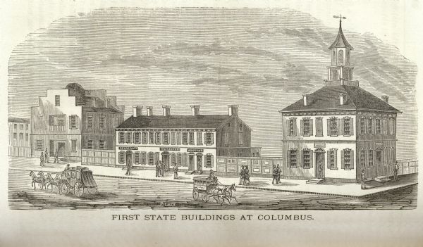 Engraved view of the first state buildings in Columbus, Ohio, including the United States Courthouse, Public Offices and the Old State House. A number of pedestrians are walking on the sidewalk while two carriages move along the street.