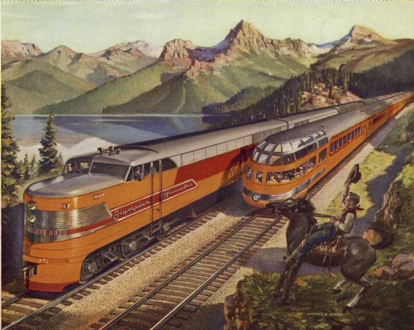 Reproduction of a painting depicting an Olympian Hiawatha locomotive and an Olympian Hiawatha observation car traveling in the western United States. A man on a horse waves his hat in the foreground.