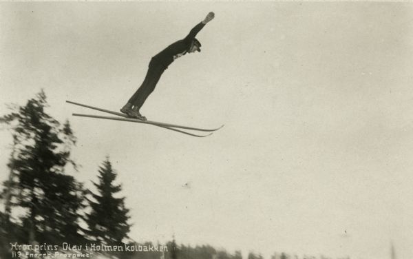 Crown Prince Olav of Norway ski jumping.
