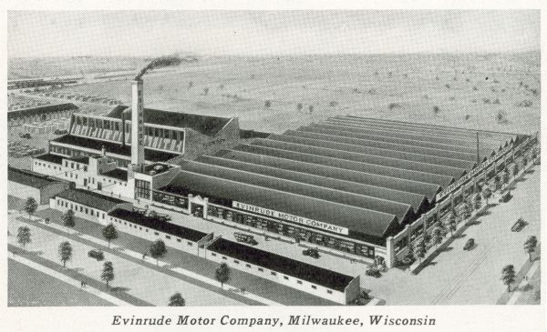 Drawing of an aerial view of the Evinrude Motor Company plant.