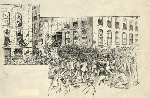 Drawing depicting the Milwaukee Bank Riot of June 24, 1861. A large crowd is gathered outside the State Bank and Mitchell's Bank. A fire burns in the street as dirt and other objects are hurled at the bank buildings. Several windows are broken on both buildings.