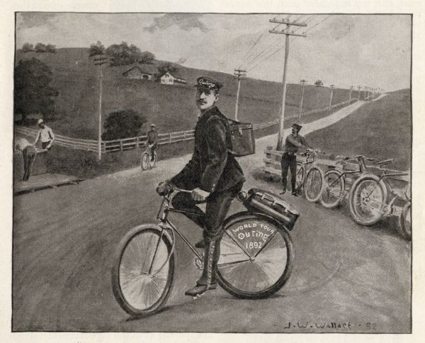 Portrait of Frank Lenz on his safety bicycle which he rode on a round-the-world tour. He is posed on a country road lined with fences and telegraph or telephone poles. Several other bicycles lean against a fence nearby and other wheelmen mill about the scene. Lenz carries a box camera in a case on his back and wears a cap that reads "Outing," the name of the publication that sponsored his tour and published his travelogue. A plate on the rear fender also advertises for the magazine reading, "World Tour, Outing, 1892."