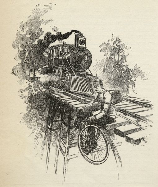 Engraved illustration depicting Frank Lenz sitting on the edge of a railroad bridge holding his safety bicycle in front of him and his box camera on his back as a train passes behind him.