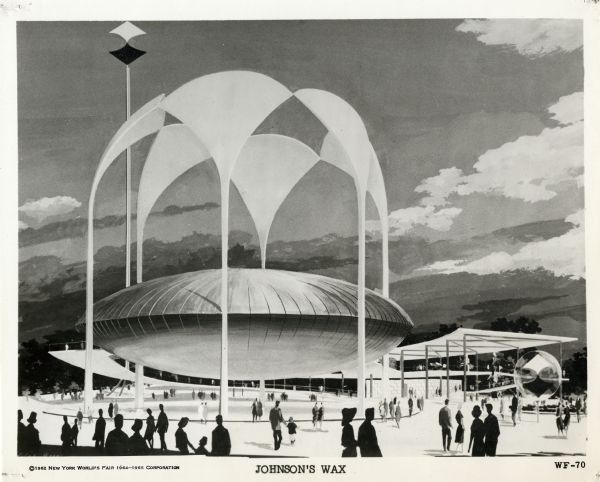 Photographic copy of an artist's rendering of the Johnson's Wax Pavilion at the 1964 New York World's Fair.