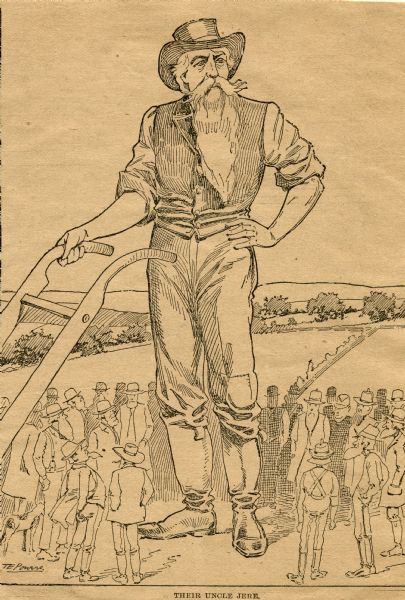 Newspaper clipping cartoon drawing of Jeremiah Rusk as a towering figure standing above a small crowd of men in a field. Rusk wears a hat and vest, his sleeves are rolled up and he has one hand on a plow.