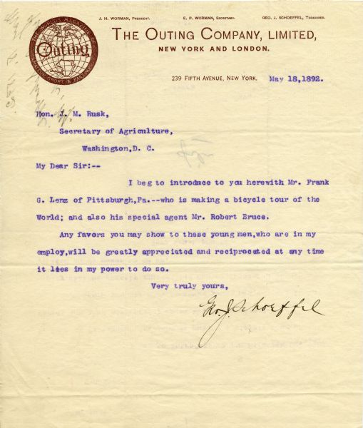 Letter of introduction for Frank G. Lenz of Pittsburgh and his agent Robert Bruce to Secretary of Agriculture Jeremiah Rusk. The letter is on The Outing Company, Ltd. letterhead which bears the logo of a globe with the word "Outing" over it. The letter is signed by Outing Company Treasurer, George J. Schoeffel.