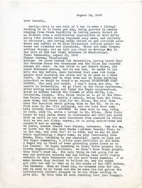 First page of a letter from Robert and Vicki Gabriner to Russell Gilmore at the Wisconsin Historical Society describing their experiences collecting civil rights materials in Canton, Mississippi.