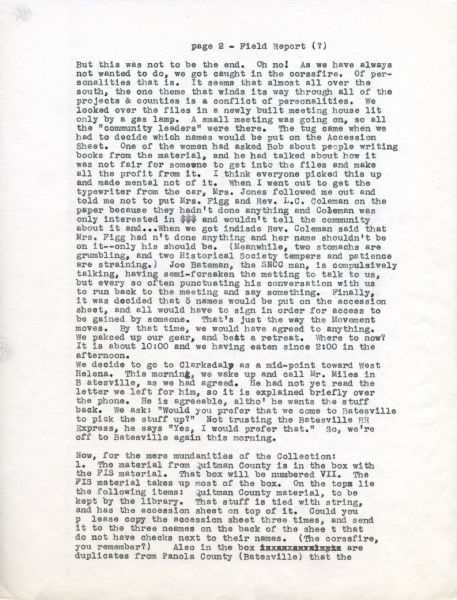 Second page of a letter from Robert and Vicki Gabriner to Russell Gilmore at the Wisconsin Historical Society describing their experiences collecting civil rights materials in Canton, Mississippi.