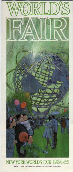 Cover of a promotional brochure for the 1964 New York World's Fair. Artwork on the cover shows a family with two young children, as well as other fairgoers walking near the Fair's central figure, the Unisphere.