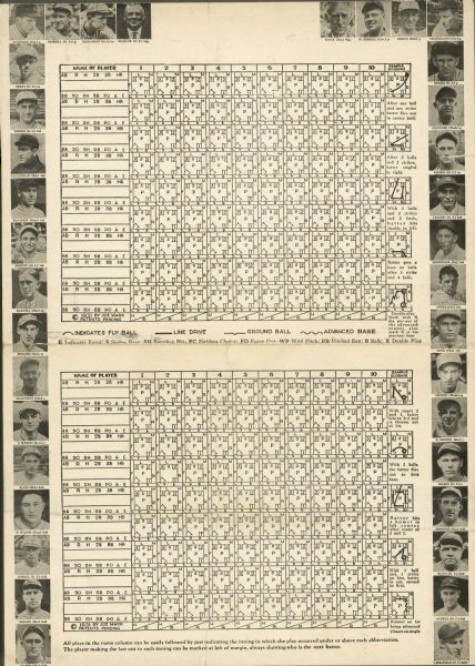 Unused souvenir score card for the first Major League Baseball All-Star Game played in 1933. The scoring method was patented by Joe Marr in 1931. Instructions for using the card appear at the right of the card. Portraits of the players and managers involved line the exterior of the score card and include John McGraw, Bill Hallahan, Carl Hubbell, Lon Warneke, Bill Terry, Frankie Frisch, Tony Coccinello, Pie Traynor, Pepper Martin, Dick Bartell, Woody English, Gabby Hartnett, Jimmie Wilson, Chuck Klein, Paul Warner, Lefty O'Doul, Wally Berger, Chick Hafey, Connie Mack, Wes Ferrell, Lefty Grove, Oral Hildebrand, Lefty Gomez, General Crowder, Lou Gherig, Tony Lazzeri, Charlie Gehringer, Jimmy Dykes, Jimmie Foxx, Joe Cronin, Rick Ferrell, Bill Dickey, Al Simmons, Babe Ruth, Earl Averill, and Ben Chapman.