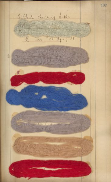 Seven yarn samples from St. Paul Knitting Works, dated between April 7, 1888 and February 21, 1889, affixed to a page in an Appleton Woolen Mills sample book.