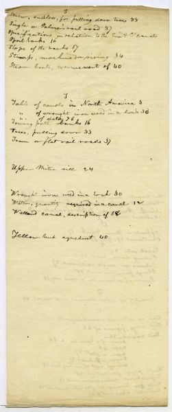Page from the handwritten index to Lapham's Notes and accounts of canals, particularly the Ohio Canal near Portsmouth, 1830-1832.