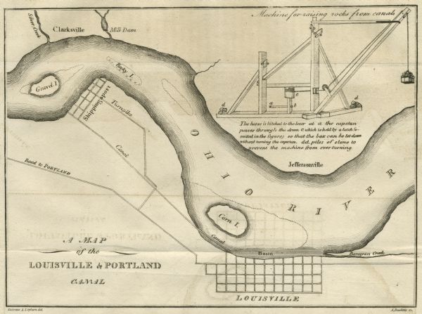 Map of the Louisville and Portland Canal on the Ohio River. The map shows Louisville, Shippingsport, Clarksville, Jeffersonville, Gravel Island, Corn Island and includes an inset drawing of a machine for raising rocks from a canal.