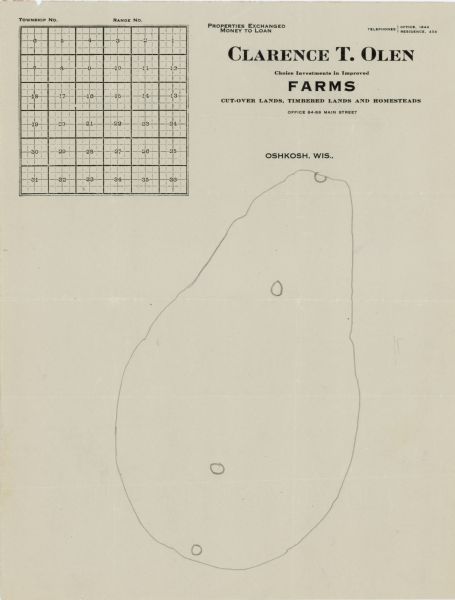 A pencil sketch of a shell gorget made on stationary paper with the Clarence T. Olen Farms letterhead.