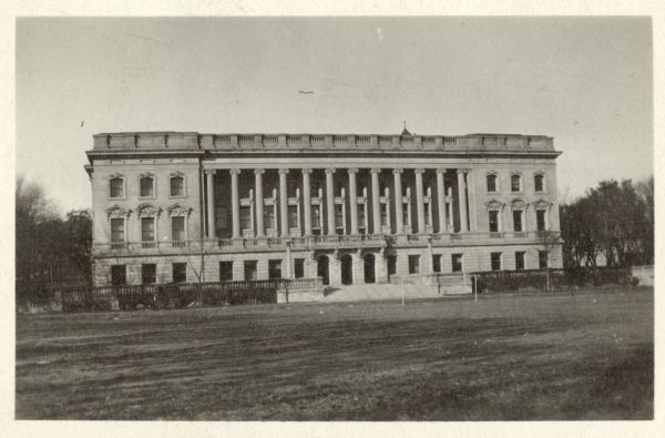 View across lawn towards the front entrance of the Wisconsin Historical Society building.