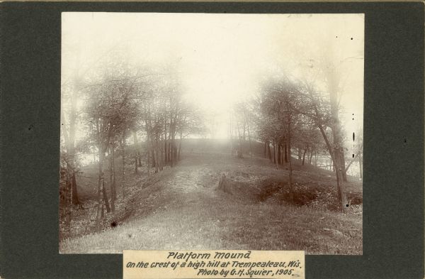 View across top of platform mound on the crest of a high hill. Trees are on the left and right. In the background below is the Mississippi River.