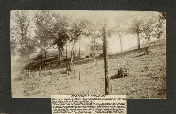 Two of a series of three large platform mounds on the top of a high hill, overlooking the Mississippi and Black River valleys. Two young children are seated under the trees on the mounds.
